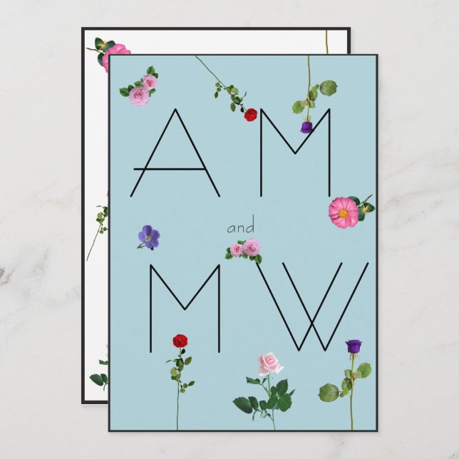 Élégant Chic Simple Floral Bleu Faire-part de mari (Devant / Derrière)