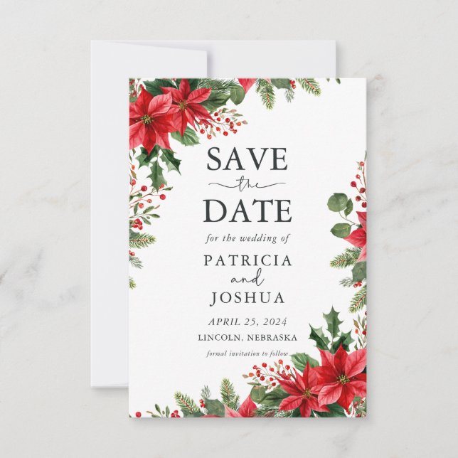 Elegant Christmas Save the Date with Poinsettias (Devant)