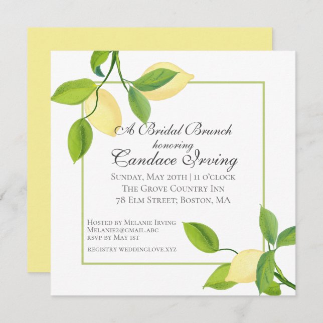 Elégant citron Fête des mariées Brunch Invitation (Devant / Derrière)
