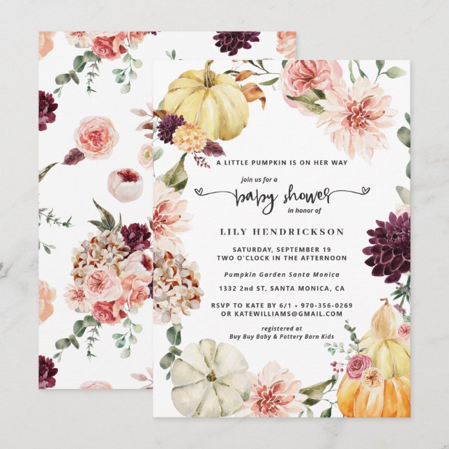 Élégant Citrouille floral | Baby shower d'automne (Devant / Derrière)
