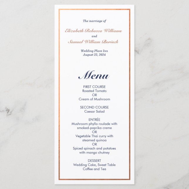 Elégant Classic Navy Faux Cuivre Menu Mariage (Devant)