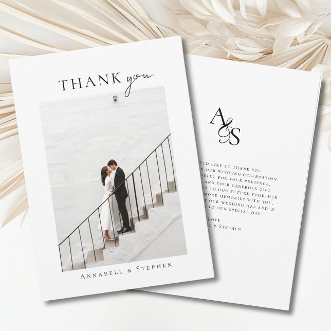 Élégant, classique, monographie, Merci ! 1 photo (Elegant, classic, monogram, -white-black, wedding 1 photo "Thank you" card.)