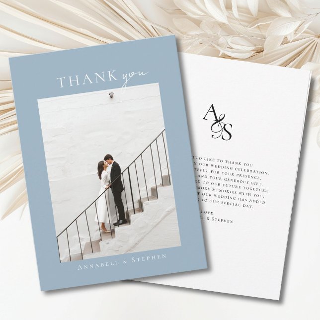 Élégant, classique, monographie, Merci ! 1 photo (Elegant, classic, monogram, powder-blue-white, wedding 1 photo "Thank you" card.)