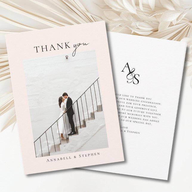 Élégant, classique, monographie, Merci ! 1 photo (Elegant, classic, monogram, beige-blush-white, wedding 1 photo "Thank you" card.)