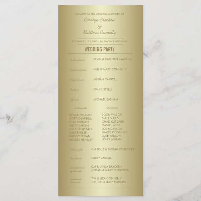 Élégant Classy Gold Ceremony Programme Carte Rack (Devant)