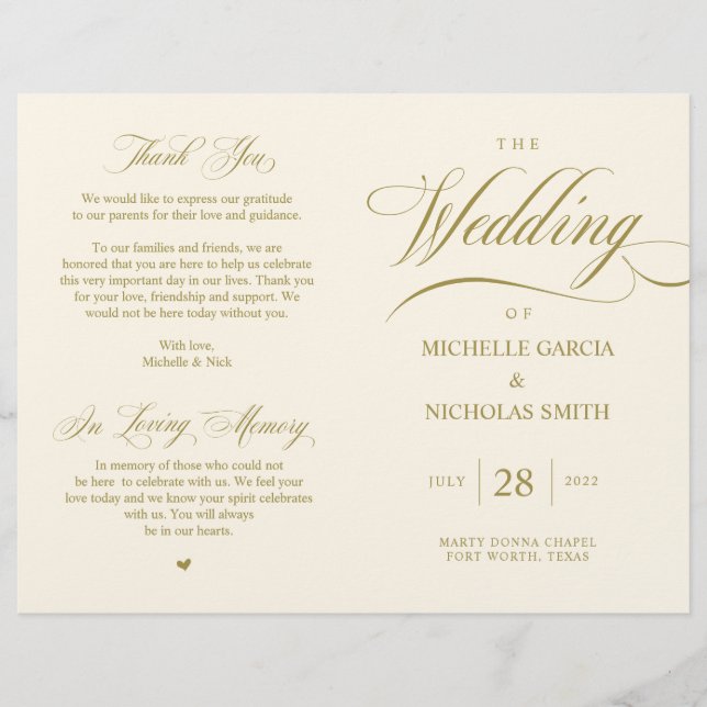 Elégant Classy Gold, Programme de mariage pliable (Devant)