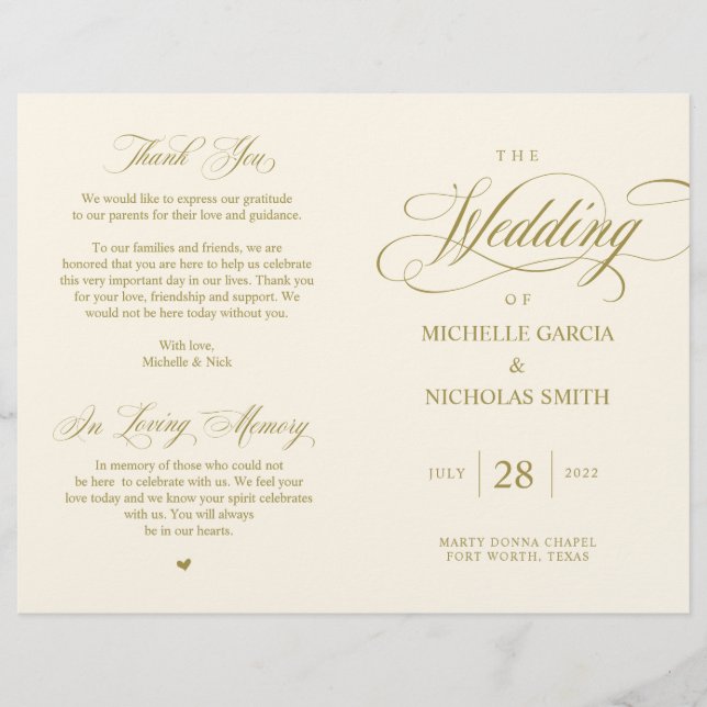 Elégant Classy Gold, Programme de mariage pliable (Devant)