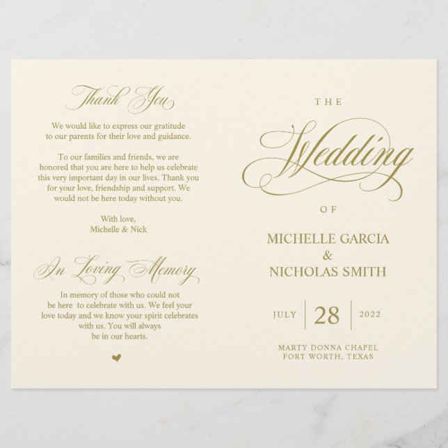 Elégant Classy Gold, Programme de mariage pliable (Devant)