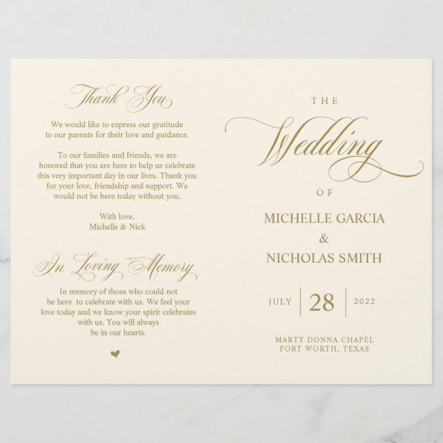 Elégant Classy Gold, Programme de mariage pliable (Devant)