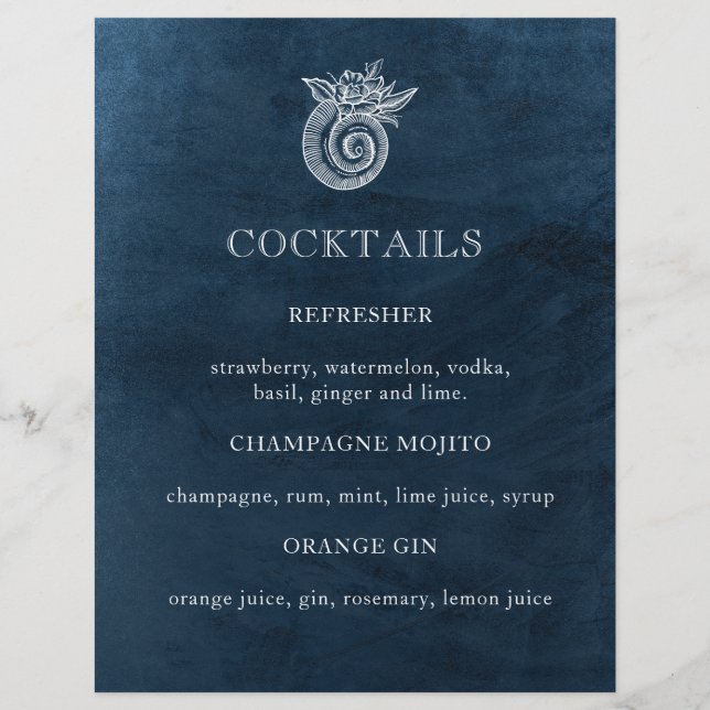 Elégant Classy Navy Beach Wedding Cocktail Menu (Devant)