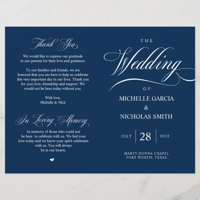 Elégant Classy Navy Blue, Programme de mariage pli (Devant)