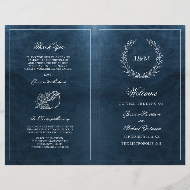 Elégant Classy Navy Seashell Beach Wedding Program (Devant)