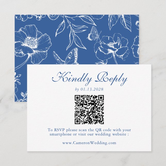 Élégant Code QR Floral Bleu Royal Mariage RSVP  (Devant / Derrière)