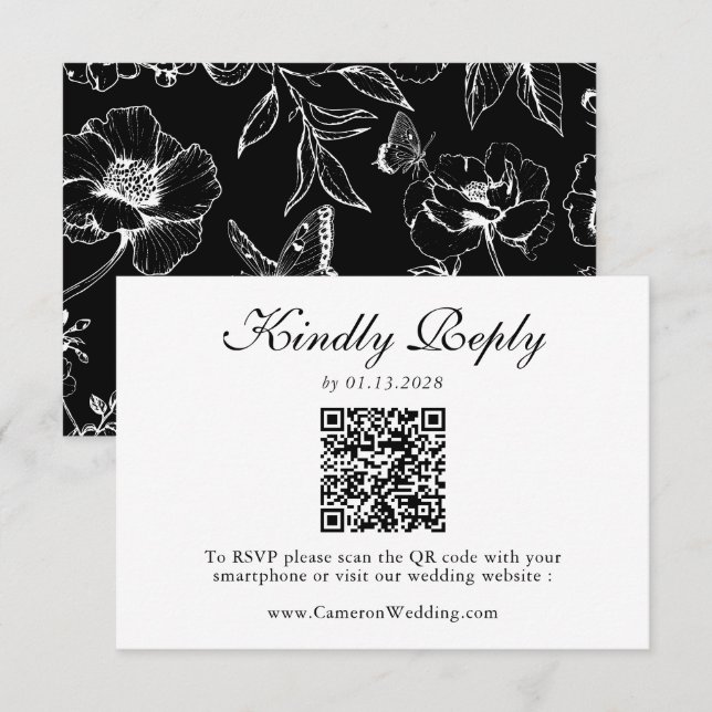 Élégant Code QR Floral Mariage Noir Blanc RSVP  (Devant / Derrière)