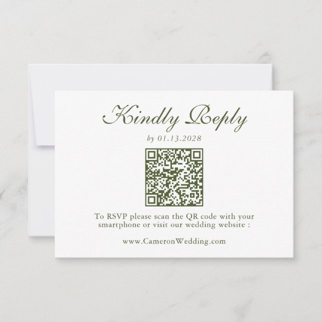 Élégant Code QR Floral Vert Olive Réponse Mariage  (Devant)