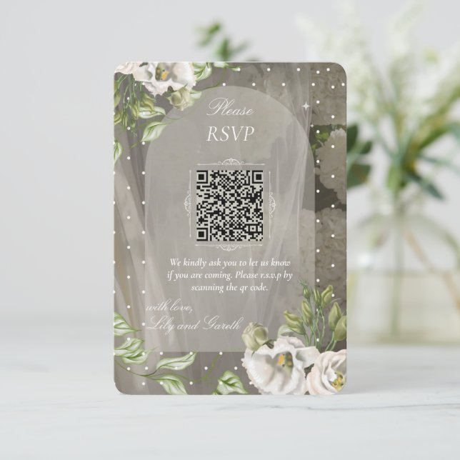 Élégant Code QR RSVP de mariage à motifs de points (Debout devant)