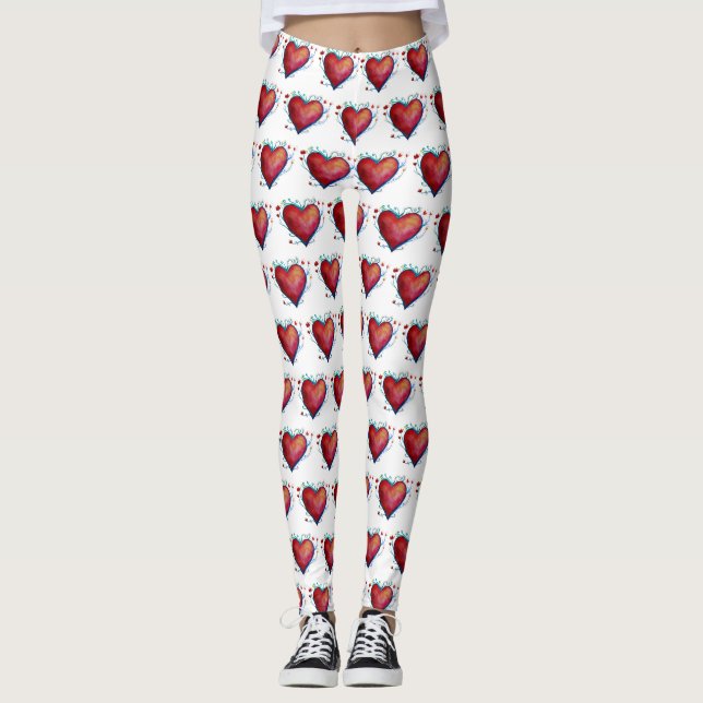 Elégant coeur rouge aquarelle Leggings personnalis (Devant)