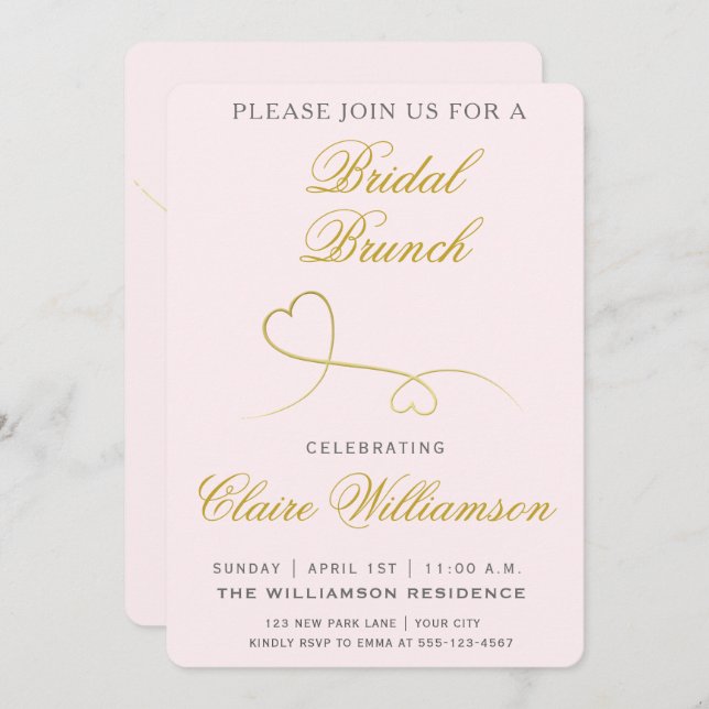 Elégant Coeurs d'or Pink Bridal Brunch Invitation (Devant / Derrière)