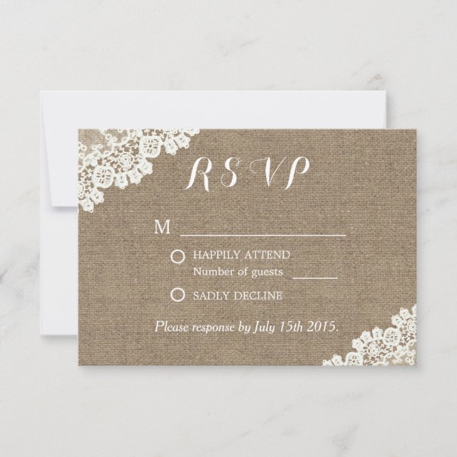 Elégant coin dentelle Burlap Wedding RSVP (Devant)