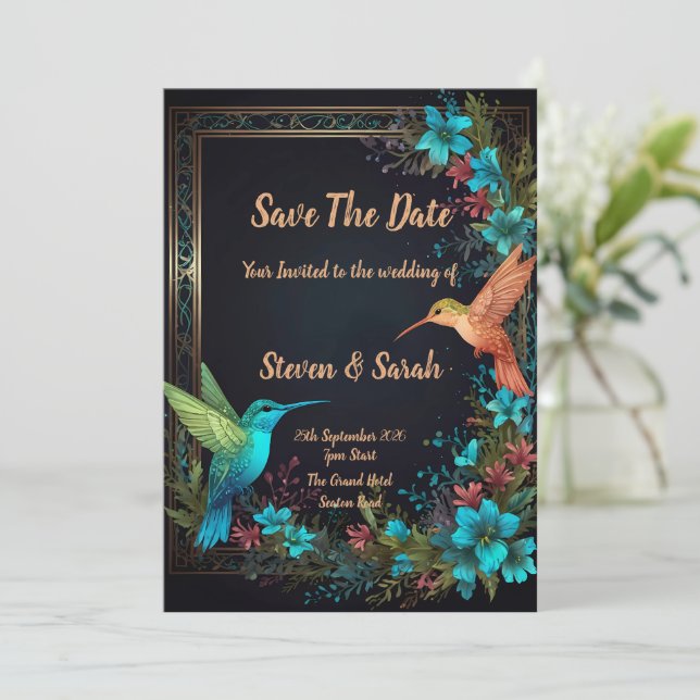 Élégant colibri et Faire-part de mariage floral (Debout devant)