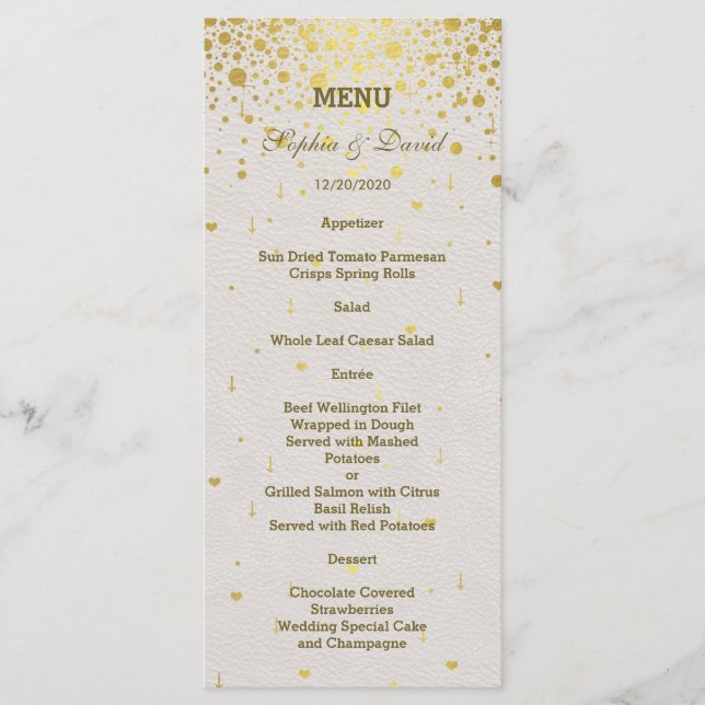 Elégant Confetti or Blanc Cuir Mariage Menu (Devant)