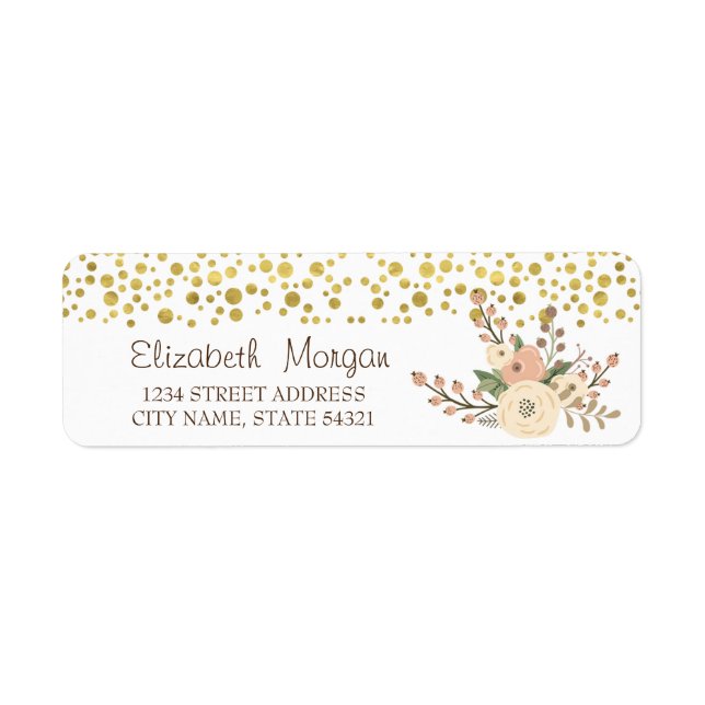 Élégant, Confettis Dorés, Étiquette d'Adresse Fleu (Devant)
