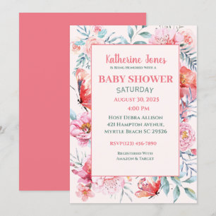 Elégant Coral rose Floral Baby shower Invitation