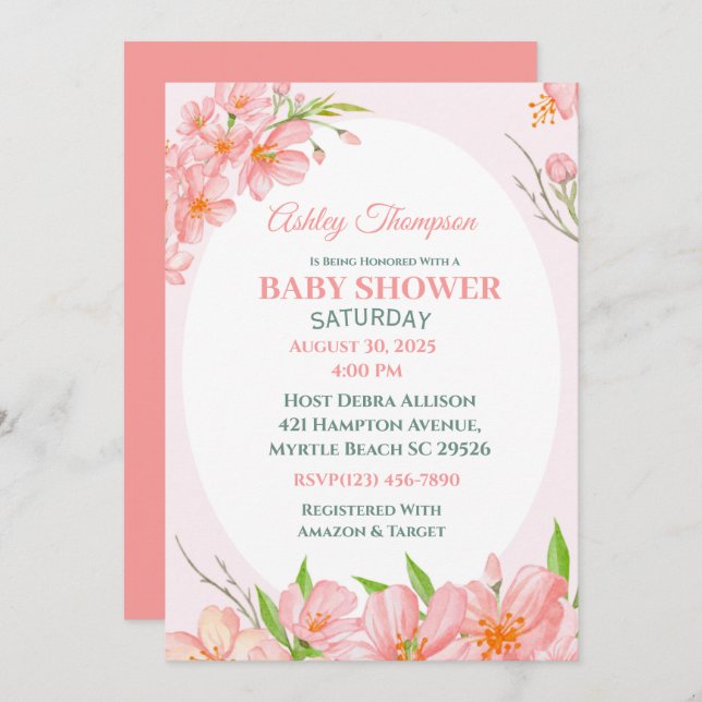 Elégant Coral rose Floral Baby shower Invitation (Devant / Derrière)