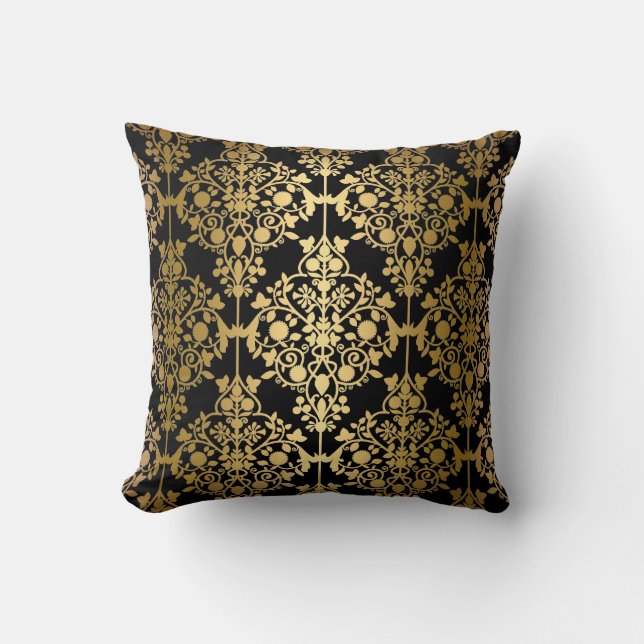 Élégant Coussin Black Gold Damask Floral (Recto)