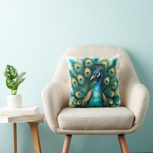 Élégant Coussin de Jeté à Plume de Paon à l'Aquare