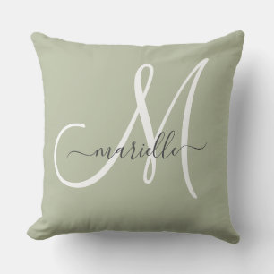 Élégant Coussin de Jeté Monogramme Vert Sauge