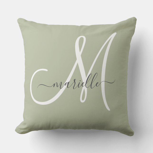 Élégant Coussin de Jeté Monogramme Vert Sauge (Recto)