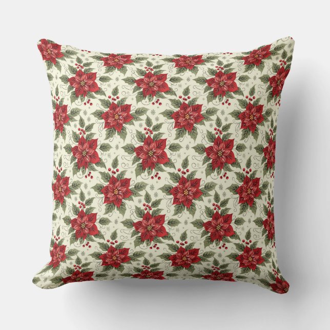 Élégant Coussin de Noël Poinsettia pour Fête (Recto)