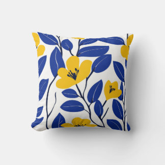 Élégant Coussin Floral Jaune et Feuille Bleue