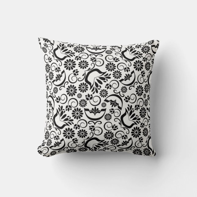 Élégant Coussin noir blanc floral (Recto)