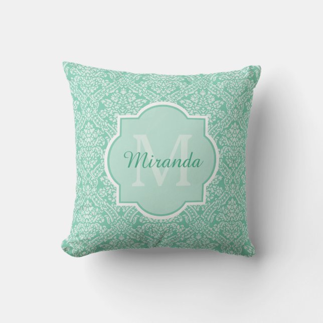 Élégant coussin vert menthe damassé avec monogramm (Recto)