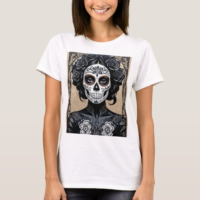 Elégant crâne de sucre gothique T-shirt d'art flor (Devant)