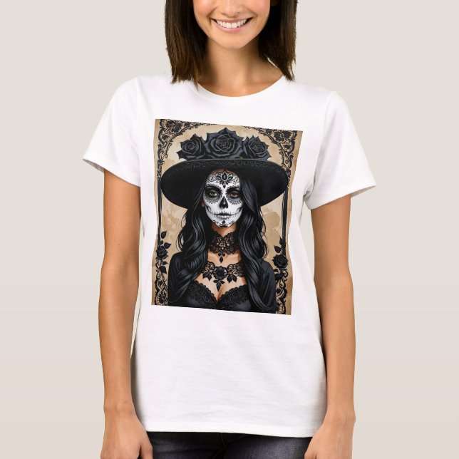Elégant crâne de sucre gothique T-shirt d'art flor (Devant)