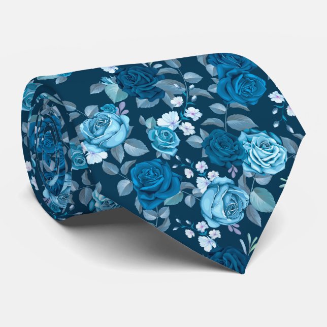 Élégant Cravate Motif Rose bleu (Roulé)