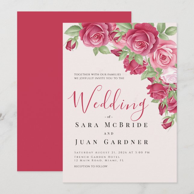 Elegant Crimson & Pink Roses Wedding Invitation (Devant / Derrière)