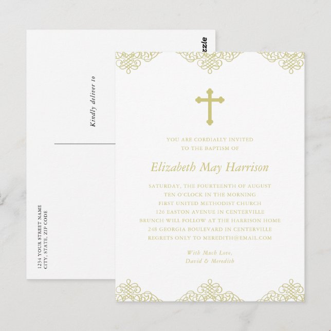 Elégant Croix d'or Baptême / Invitation Christenin (Devant / Derrière)