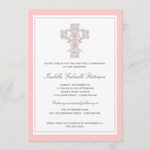Elégant Cross Rose Girl First Communion Invitation