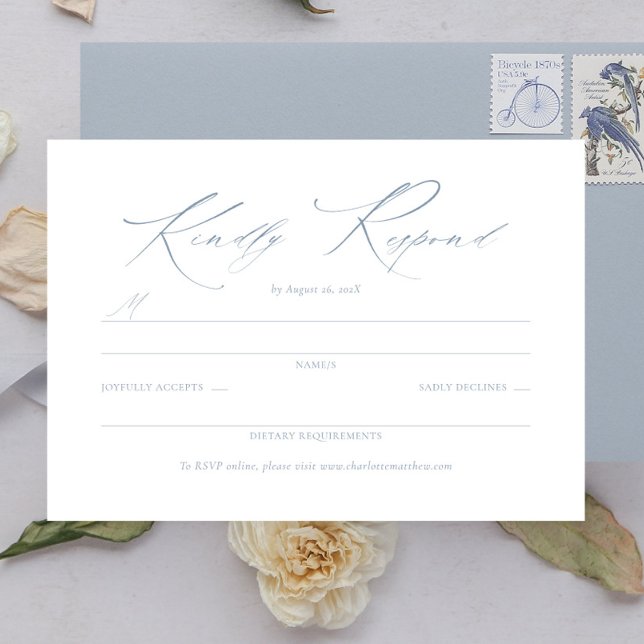Élégant Dainty Script Dusty Blue Wedding RSVP (elegant dusty blue wedding response card, dainty script rsvp card, wedding enclosure card)