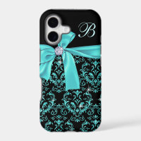Élégant damas noir aqua diamant noeud papillon mon