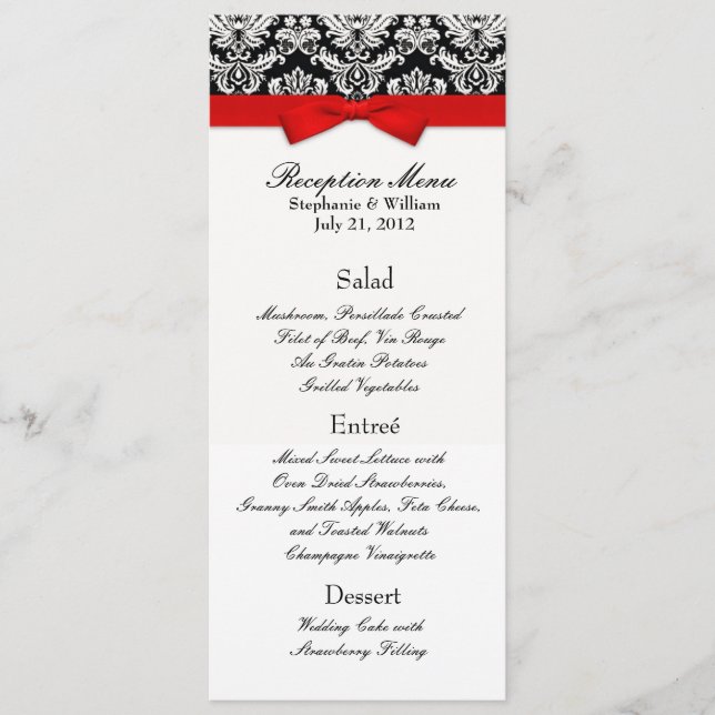 Elégant Damask avec Red Bow Reception Menu (Devant)