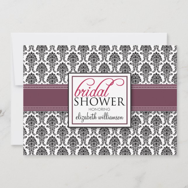 Elégant Damask Bridal Shower Invitation (prune) (Devant)