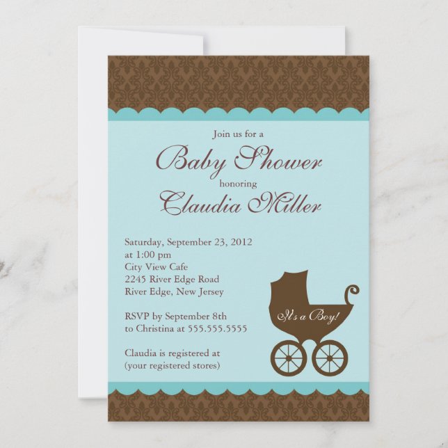 Elegant Damask Carriage Boy Baby shower Invitation (Devant)