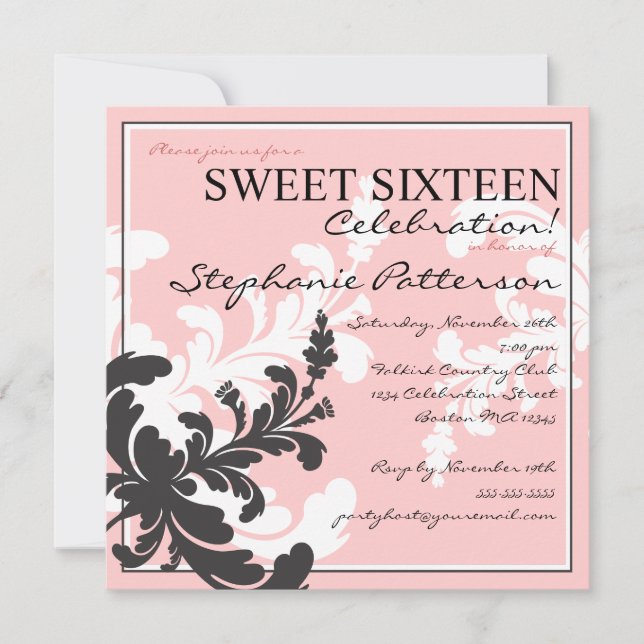 Elégant Damask Floral Sweet sixteen Invitation (Devant)