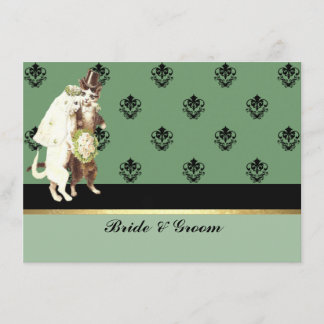 Élégant Damask Green Cats Mariage Set Invitation