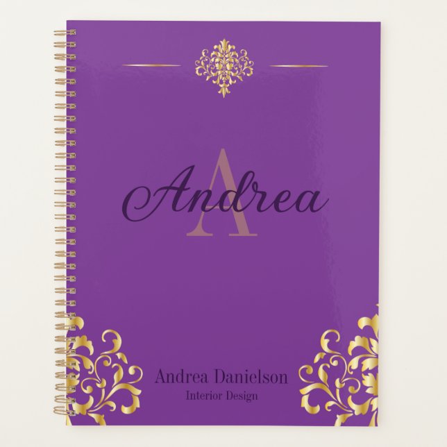 Elegant Damask Monogrammed Gold and Purple Office (Devant)